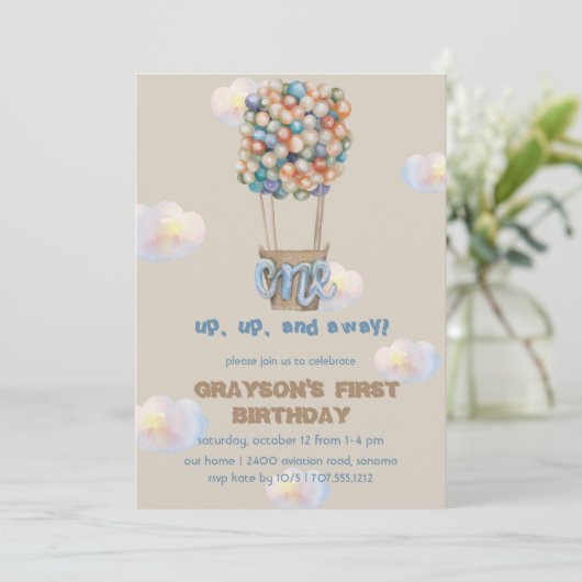 Hot Air Balloon Boy 1e verjaardag Uitnodiging (Staand voorkant)