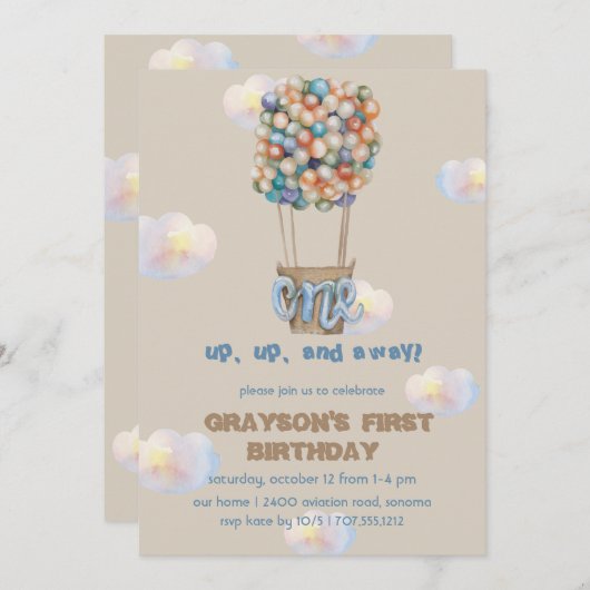 Hot Air Balloon Boy 1e verjaardag Uitnodiging (Voorkant / Achterkant)