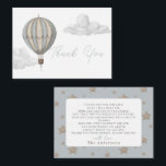 Hot Air Balloon Boy Baby Shower Thank You Notitiekaartje<br><div class="desc">This boho chic "Adventure Awaits" boy's baby shower thank you note card features a blue hot air balloon and clouds. The reverse side features a baby blue background with star patterns. Personalize it for your needs. You can find matching products at my store.</div>