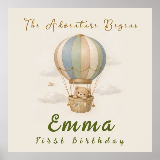 Hot Air Balloon First Birthday Poster (Voorkant)