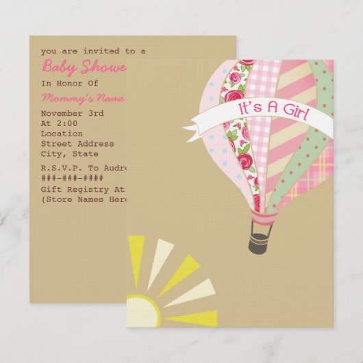 Hot Air Balloon Girly Baby shower Invitation Kaart (Voorkant / Achterkant)