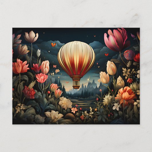 hot air balloon surrounded by flowers dark colors briefkaart (Voorkant)