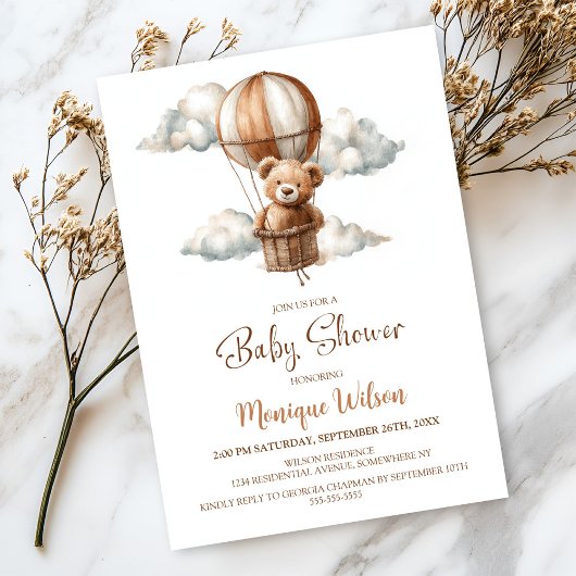 Hot Air Balloon Teddy Bear Baby Shower Kaart