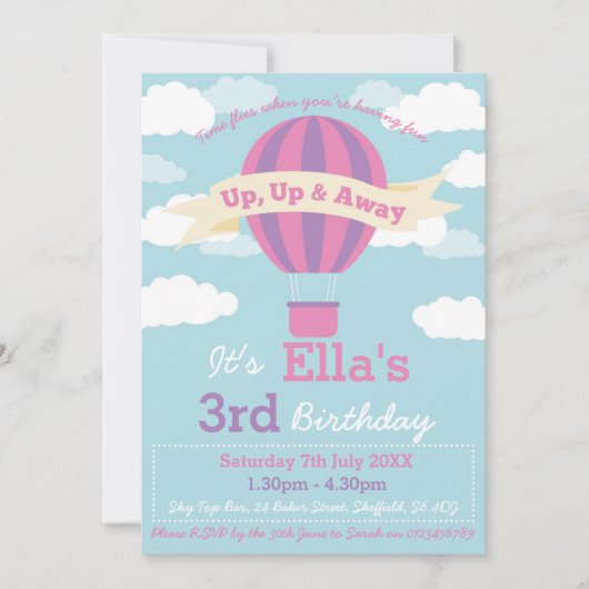Hot Air Balloon, uitnodiging voor verjaardagsfeest (Voorkant)