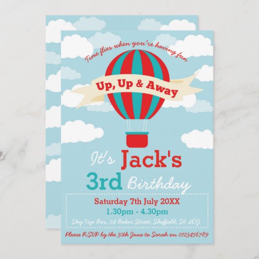 Hot Air Balloon, uitnodiging voor verjaardagsfeest (Voorkant / Achterkant)