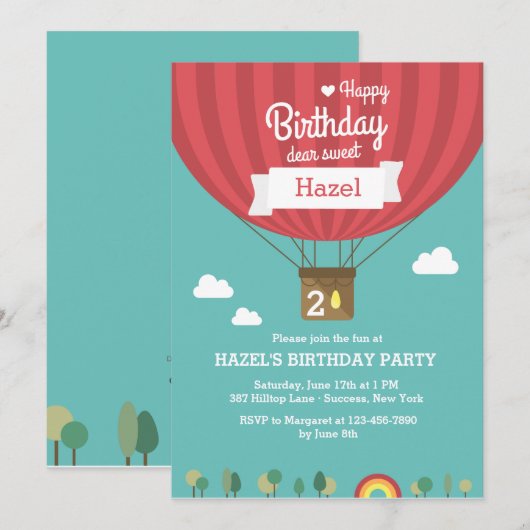 Hot Air Birthday-ballonuitnodiging Kaart (Voorkant / Achterkant)