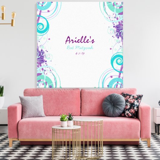 Hot Aqua Swirls Sterren Bat Mitzvah Inloggen Board Canvas Afdruk (Insitu (Woonkamer))
