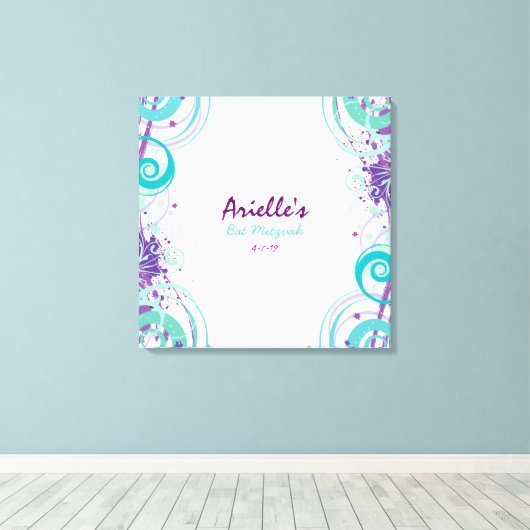 Hot Aqua Swirls Sterren Bat Mitzvah Inloggen Board Canvas Afdruk (Insitu (Houten vloer))