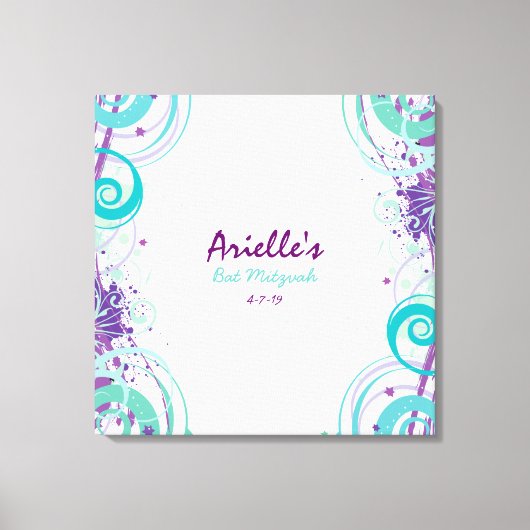 Hot Aqua Swirls Sterren Bat Mitzvah Inloggen Board Canvas Afdruk (Voorkant)