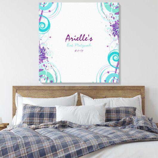 Hot Aqua Swirls Sterren Bat Mitzvah Inloggen Board Canvas Afdruk (Insitu (Slaapkamer))