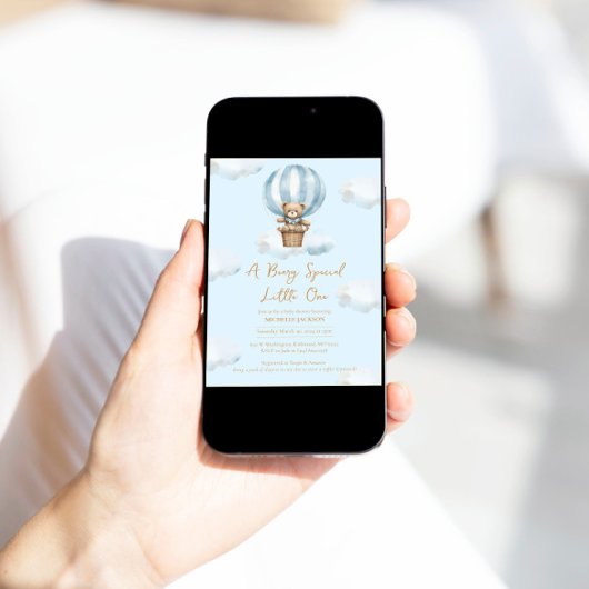 Hot Ballon Teddy Bear Boy Baby shower Uitnodiging