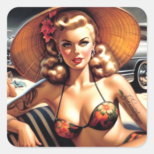 Hot Beach Pin-up Vierkante Sticker (Voorkant)