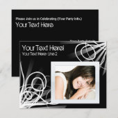 Hot Black en White Swirl Photo Party Invitation Kaart (Voorkant / Achterkant)