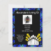 Hot Blue Boy's Foto Bowling Party Uitnodiging (Voorkant)