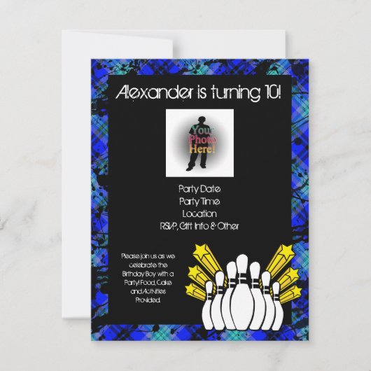 Hot Blue Boy's Foto Bowling Party Uitnodiging (Voorkant)