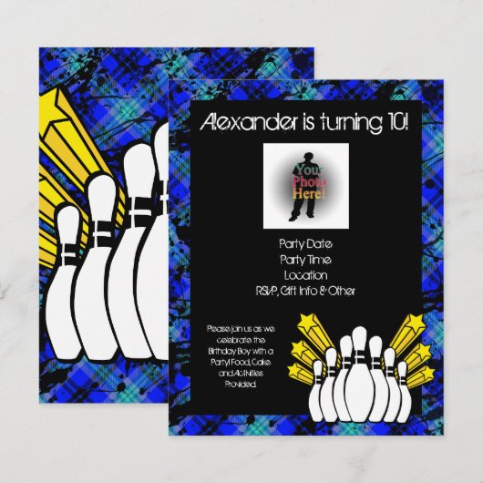 Hot Blue Boy's Foto Bowling Party Uitnodiging (Voorkant / Achterkant)