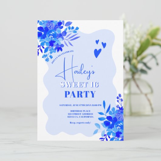 Hot blue wavy lijst boho floral Sweet 16 Kaart (Staand voorkant)