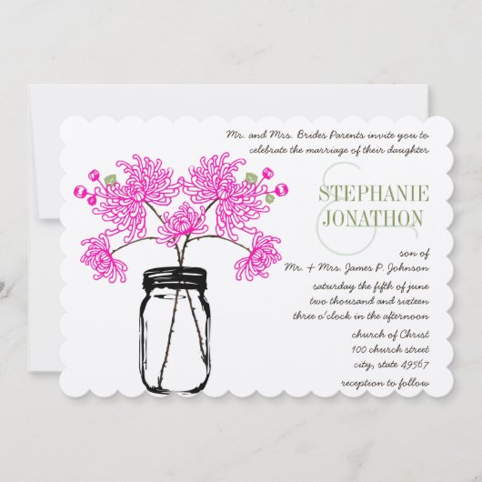 Hot Bright Roze Mason Jar Wildflower Wedding Kaart (Voorkant)