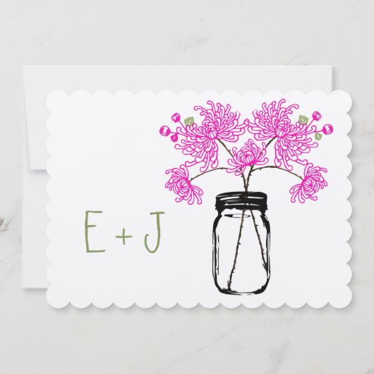 Hot Bright Roze Mason Jar Wildflower Wedding Kaart (Achterkant)