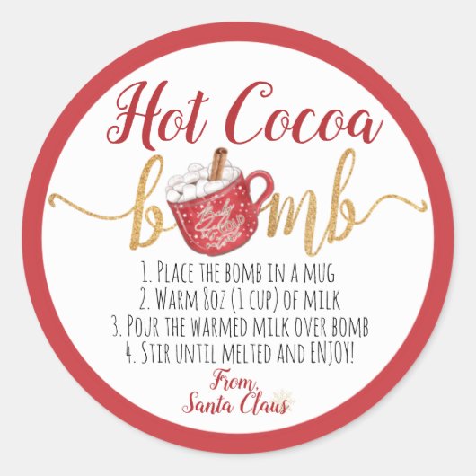 Hot-cacao-bominstructies Kerstrode Mok Ronde Sticker (Voorkant)