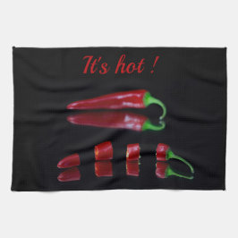 Hot chili peper foto rood en zwart met tekst theedoek