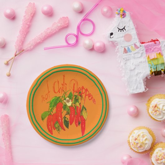 Hot Chili Peppers op Terra Cotta Green Border Papieren Bordje (Feest)