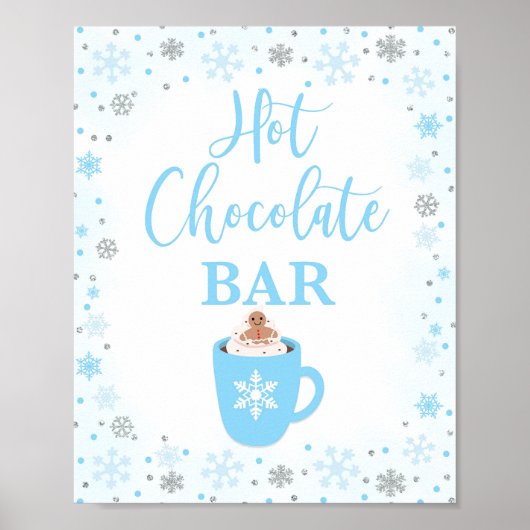 Hot Chocolade Bar Winter Blauw Sneeuwvlokken Teken Poster (Voorkant)