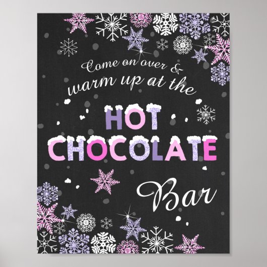 Hot Chocolate Bar Sign Roze Paarse sneeuwvlokken Poster (Voorkant)