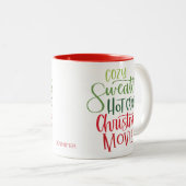 Hot Chocolate Christmas Red Green Whimsy Text Tweekleurige Koffiemok (Voorkant rechts)
