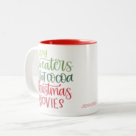 Hot Chocolate Christmas Red Green Whimsy Text Tweekleurige Koffiemok (Voorkant links)
