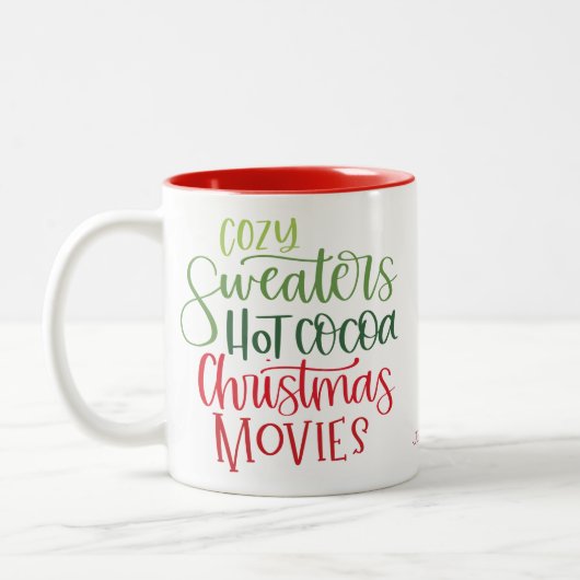 Hot Chocolate Christmas Red Green Whimsy Text Tweekleurige Koffiemok (Links)