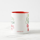Hot Chocolate Christmas Red Green Whimsy Text Tweekleurige Koffiemok (Center)