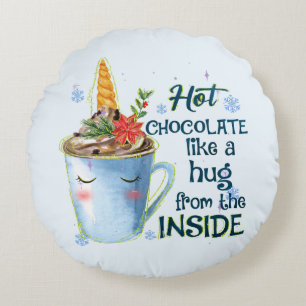Hot Chocolate Unicorn   Gezellige eenhoorn winter Rond Kussen