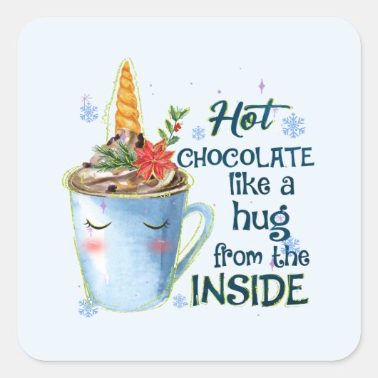Hot Chocolate Unicorn | Gezellige eenhoorn winter Vierkante Sticker (Voorkant)