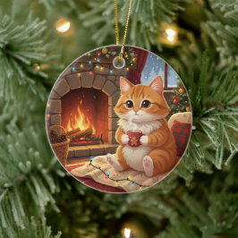 Hot Cocoa Cat Cozy Winter Cat by the Fireplace  Keramisch Ornament