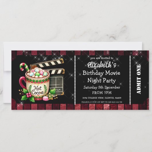 Hot Cocoa Movie Night Birthday Party Ticket Kaart (Voorkant)