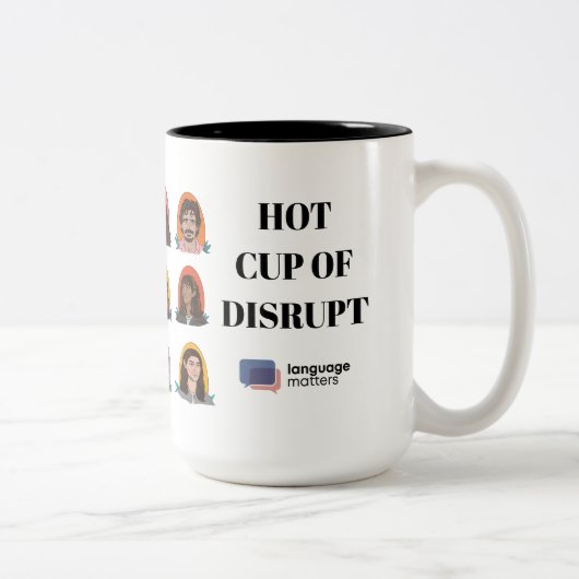 " Hot Cup of Disrupt" Mug by Language Matters Tweekleurige Koffiemok (Rechts)
