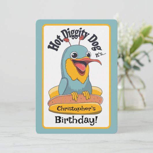 Hot Diggity Dog Crazy Bird Kind Verjaardagsfeest W Kaart (Staand voorkant)
