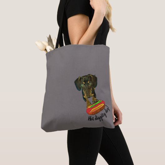 'Hot Diggity Dog' Dex & Hotdog-schoudermachine-Can Tote Bag (Dichtbij)