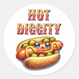 Hot Diggity   Retro hotdog Ronde Sticker