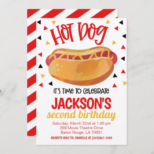 Hot Dog Birthday Party Invite Kaart (Voorkant / Achterkant)