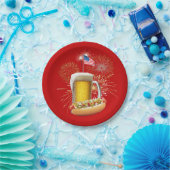 Hot Dog en Bier Met Vuurwerk en Vlag Papieren Bordje (Feest)