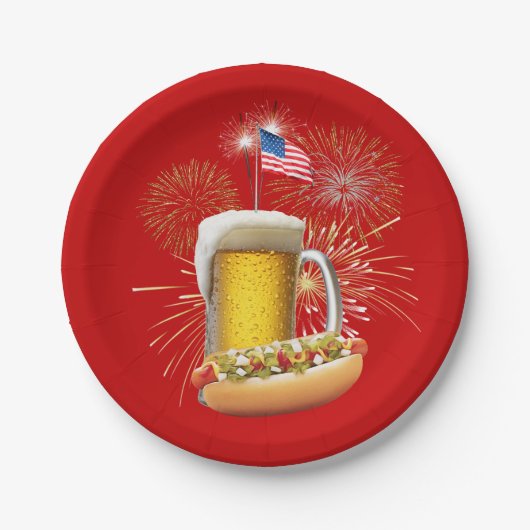 Hot Dog en Bier Met Vuurwerk en Vlag Papieren Bordje (Voorkant)