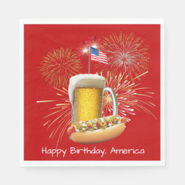 Hot Dog en Bier Met Vuurwerk en Vlag Servet