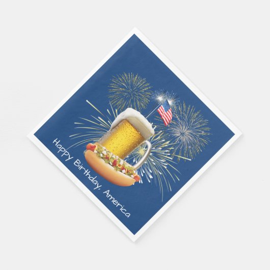Hot Dog en Bier Met Vuurwerk en Vlag Servet (Hoek)