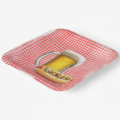 Hot Dog en Bier Op Gingham Papieren Bordje (Gebogen)