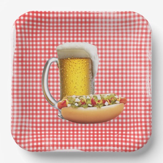 Hot Dog en Bier Op Gingham Papieren Bordje (Voorkant)