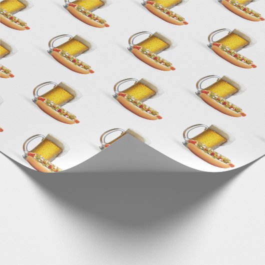 Hot Dog en Bier Op Wit Cadeaupapier (Hoek)