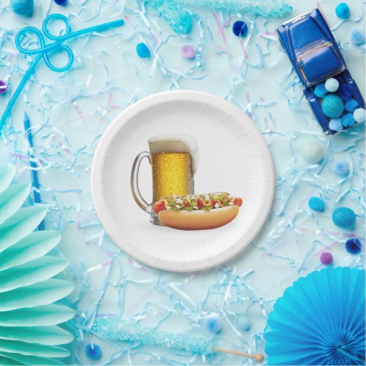 Hot Dog en Bier Op Wit Papieren Bordje (Feest)