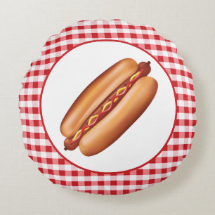 Hot Dog Fast Food illustratie op Red Gingham Rond Kussen